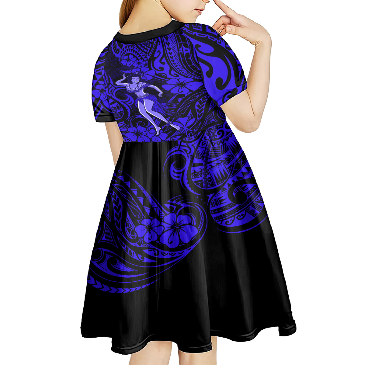 Hawaii Hula Girl Kid Short Sleeve Dress Polynesian Pattern Navy Blue Version LT01 - Polynesian Pride