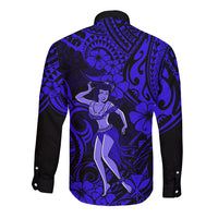 Hawaii Hula Girl Long Sleeve Button Shirt Polynesian Pattern Navy Blue Version LT01 - Polynesian Pride