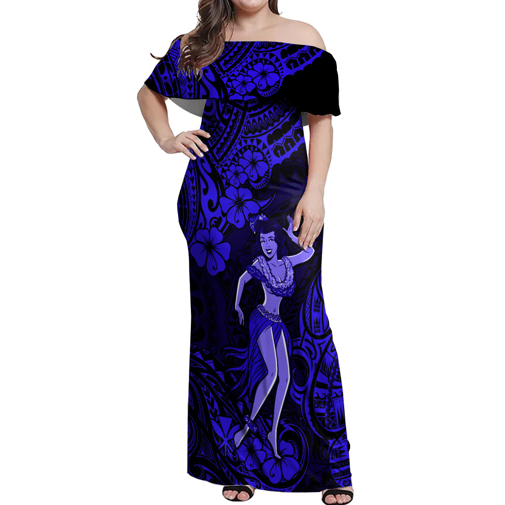 Hawaii Hula Girl Off Shoulder Maxi Dress Polynesian Pattern Navy Blue Version LT01 Women Blue - Polynesian Pride