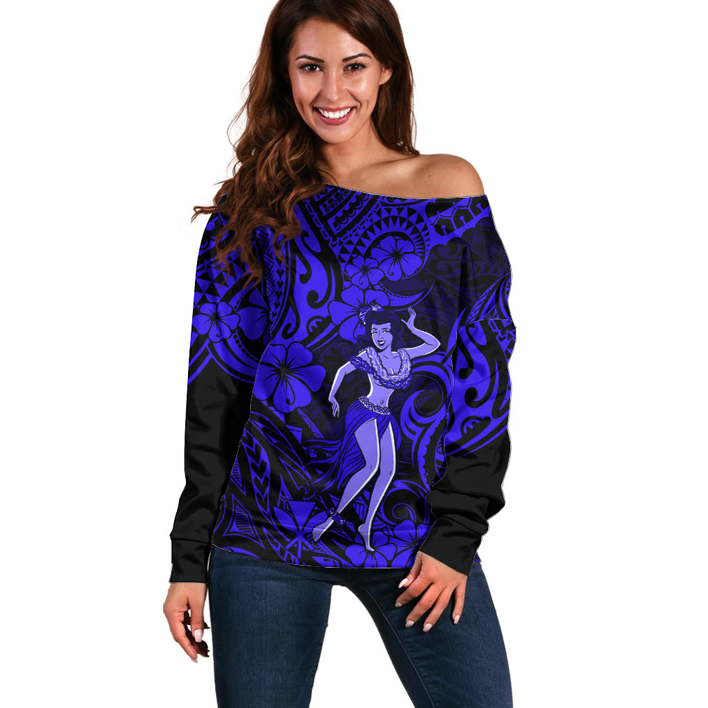 Hawaii Hula Girl Off Shoulder Sweater Polynesian Pattern Navy Blue Version LT01 Women Blue - Polynesian Pride