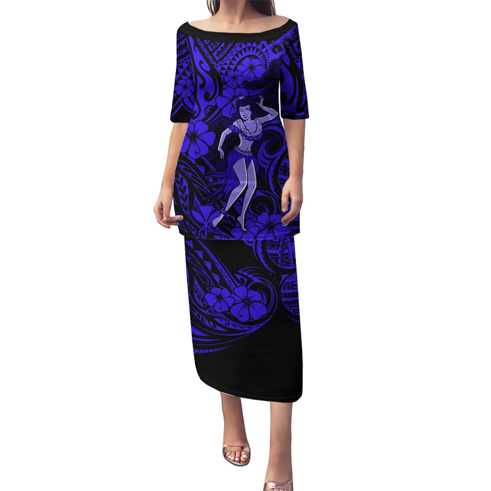 Hawaii Hula Girl Puletasi Polynesian Pattern Navy Blue Version LT01 Long Dress Blue - Polynesian Pride