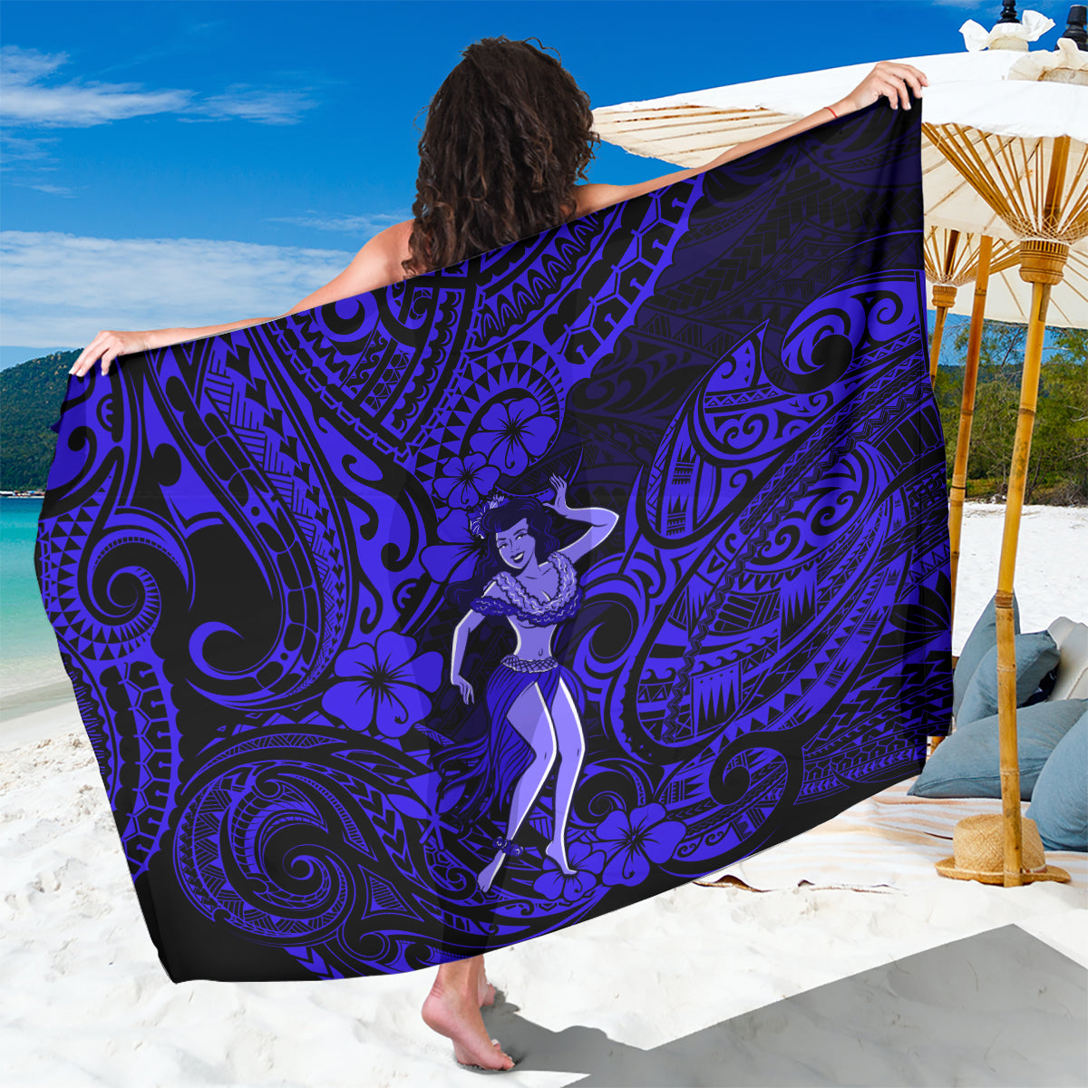 Hawaii Hula Girl Sarong Polynesian Pattern Navy Blue Version LT01 One Size 44 x 66 inches Blue - Polynesian Pride