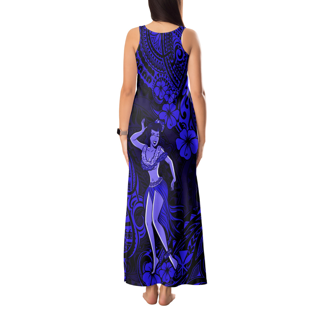 Hawaii Hula Girl Tank Maxi Dress Polynesian Pattern Navy Blue Version LT01 - Polynesian Pride