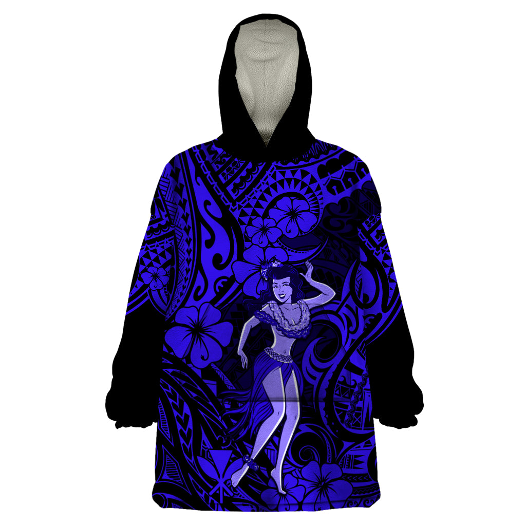 Hawaii Hula Girl Wearable Blanket Hoodie Polynesian Pattern Navy Blue Version LT01 One Size Blue - Polynesian Pride