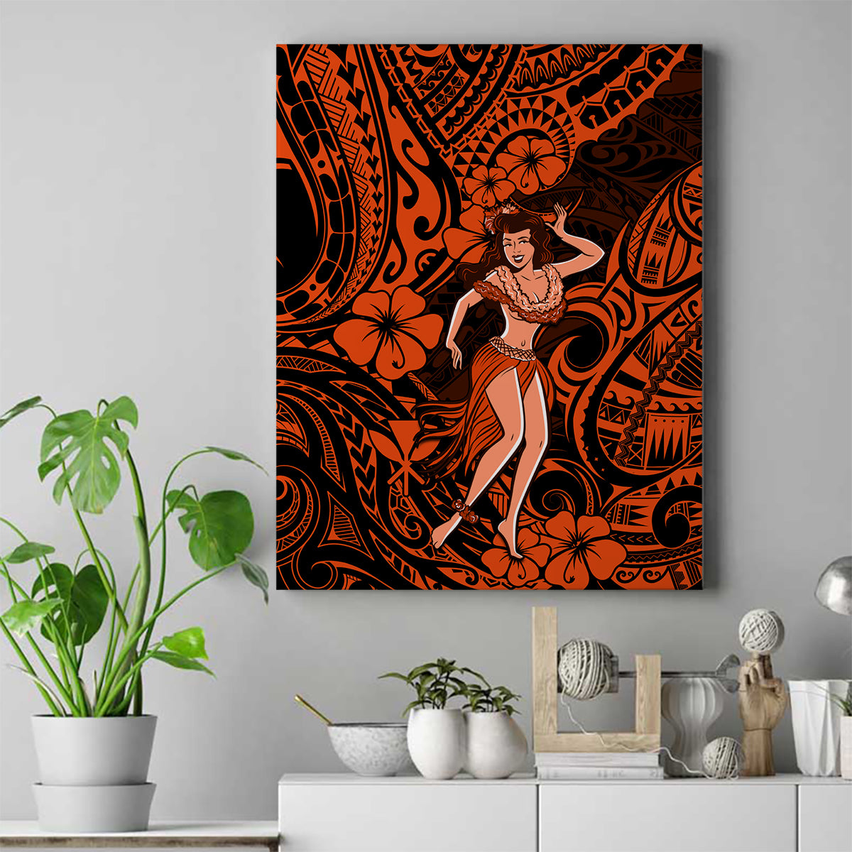 Hawaii Hula Girl Canvas Wall Art Polynesian Pattern Orange Version LT01 Orange - Polynesian Pride