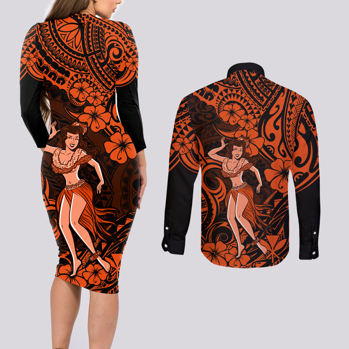Hawaii Hula Girl Couples Matching Long Sleeve Bodycon Dress and Long Sleeve Button Shirts Polynesian Pattern Orange Version LT01 - Polynesian Pride