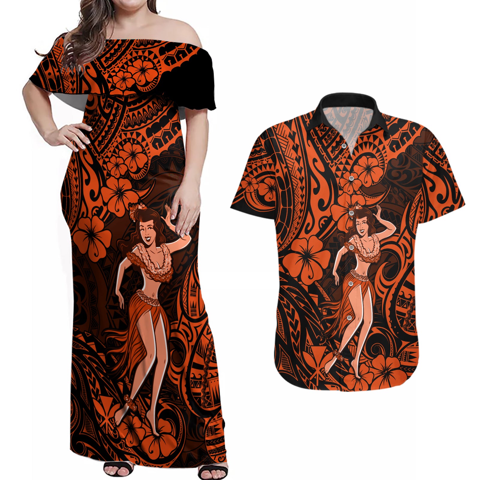 Hawaii Hula Girl Couples Matching Off Shoulder Maxi Dress and Hawaiian Shirt Polynesian Pattern Orange Version LT01 Orange - Polynesian Pride