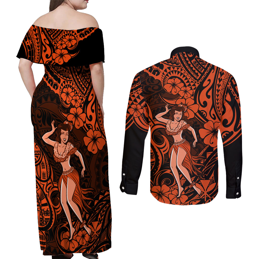 Hawaii Hula Girl Couples Matching Off Shoulder Maxi Dress and Long Sleeve Button Shirts Polynesian Pattern Orange Version LT01 - Polynesian Pride