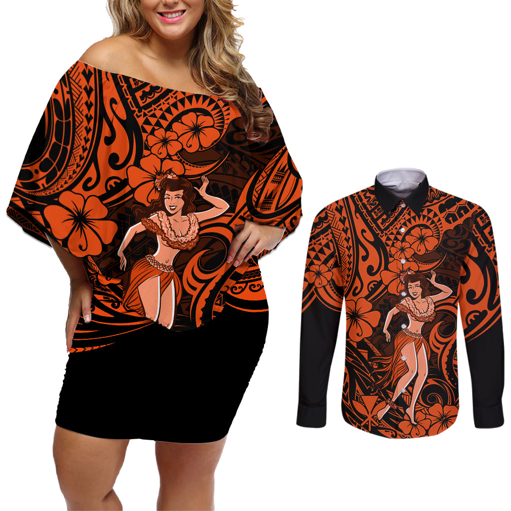 Hawaii Hula Girl Couples Matching Off Shoulder Short Dress and Long Sleeve Button Shirts Polynesian Pattern Orange Version LT01 Orange - Polynesian Pride