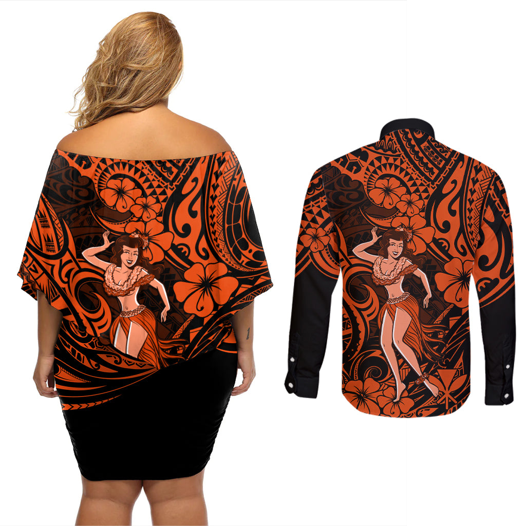 Hawaii Hula Girl Couples Matching Off Shoulder Short Dress and Long Sleeve Button Shirts Polynesian Pattern Orange Version LT01 - Polynesian Pride