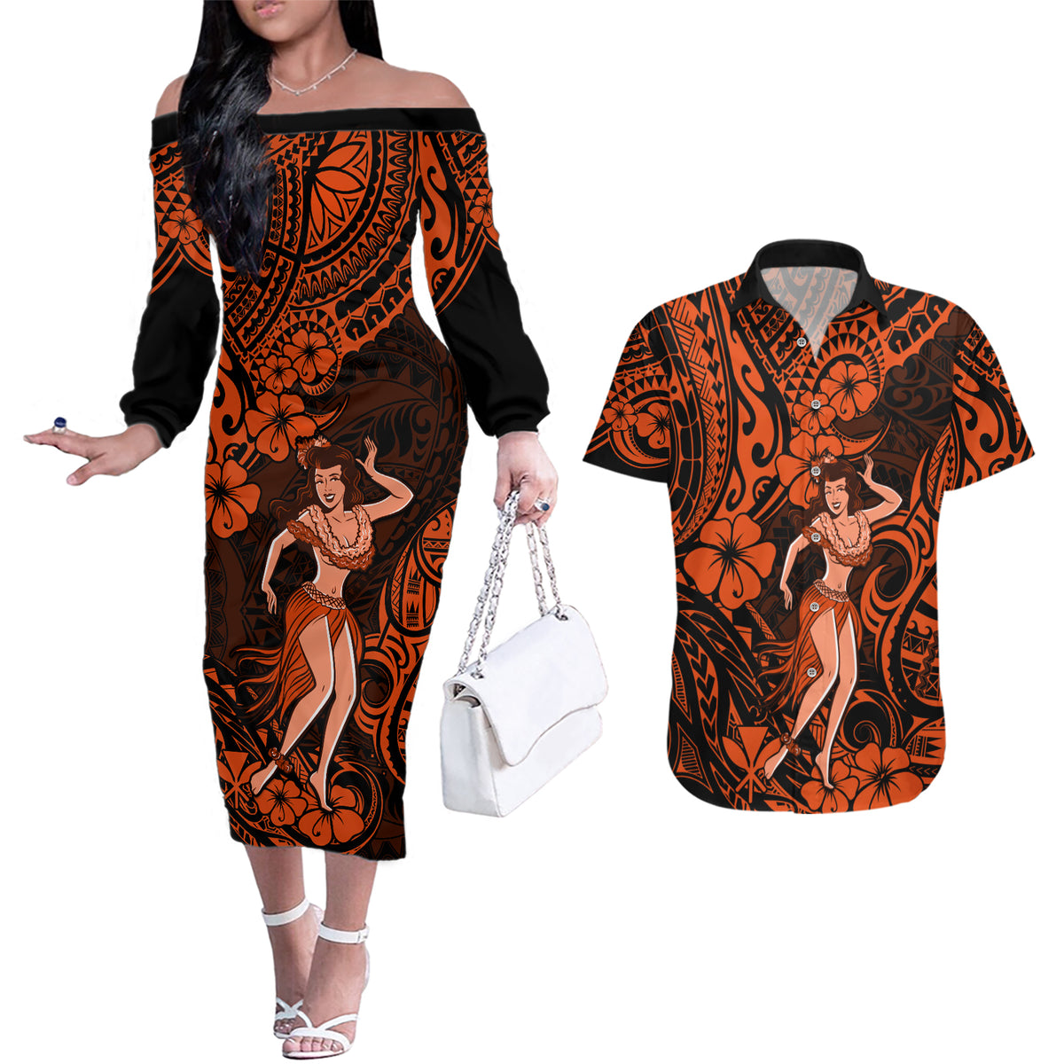 Hawaii Hula Girl Couples Matching Off The Shoulder Long Sleeve Dress and Hawaiian Shirt Polynesian Pattern Orange Version LT01 Orange - Polynesian Pride