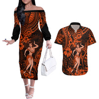 Hawaii Hula Girl Couples Matching Off The Shoulder Long Sleeve Dress and Hawaiian Shirt Polynesian Pattern Orange Version LT01 Orange - Polynesian Pride