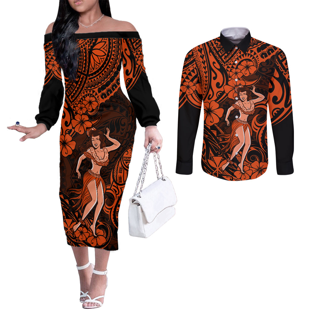 Hawaii Hula Girl Couples Matching Off The Shoulder Long Sleeve Dress and Long Sleeve Button Shirts Polynesian Pattern Orange Version LT01 Orange - Polynesian Pride