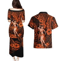 Hawaii Hula Girl Couples Matching Puletasi Dress and Hawaiian Shirt Polynesian Pattern Orange Version LT01 - Polynesian Pride