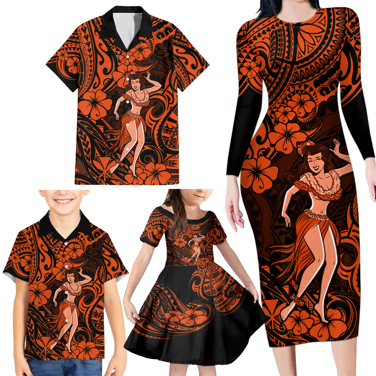 Hawaii Hula Girl Family Matching Long Sleeve Bodycon Dress and Hawaiian Shirt Polynesian Pattern Orange Version LT01 - Polynesian Pride