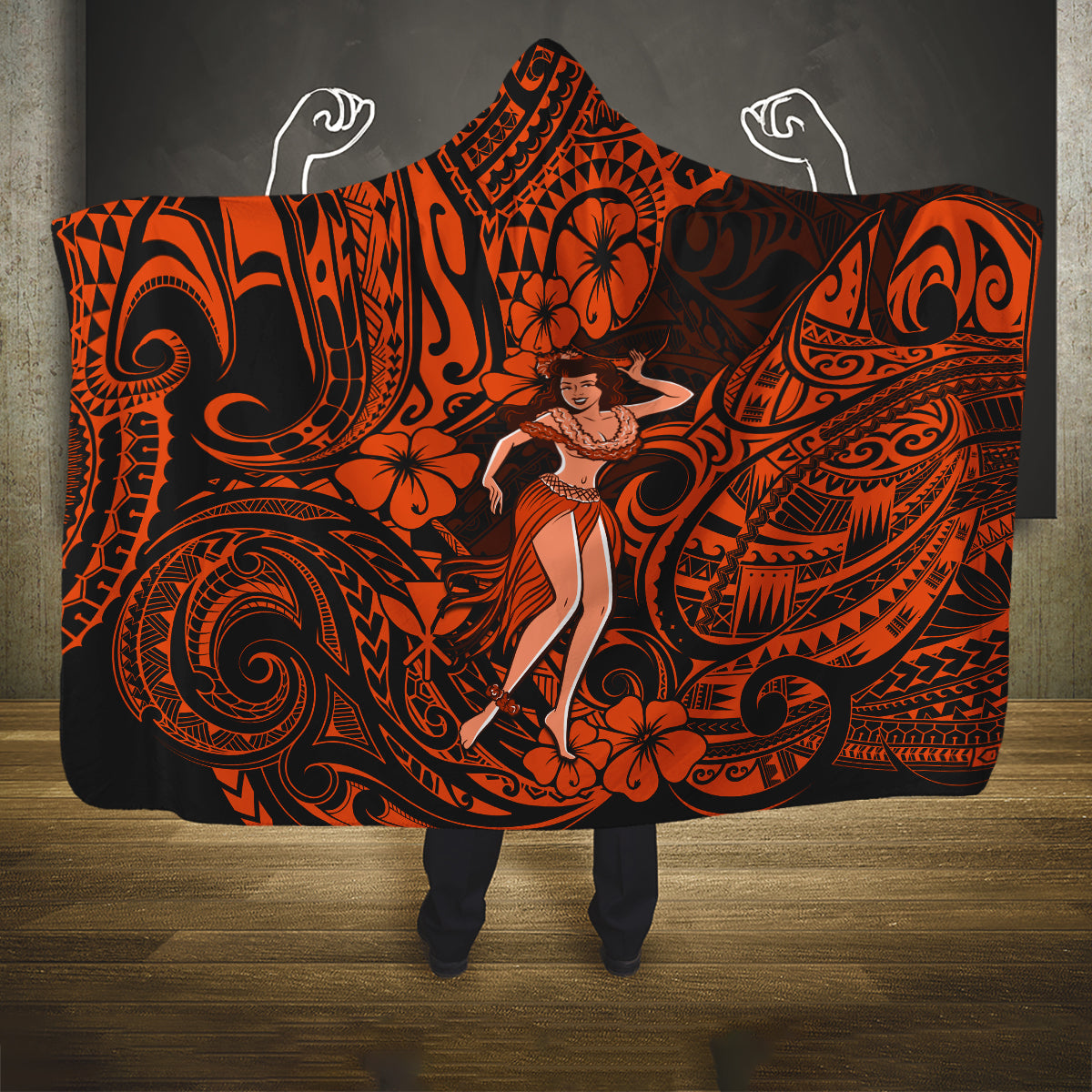 Hawaii Hula Girl Hooded Blanket Polynesian Pattern Orange Version LT01 One Size Orange - Polynesian Pride