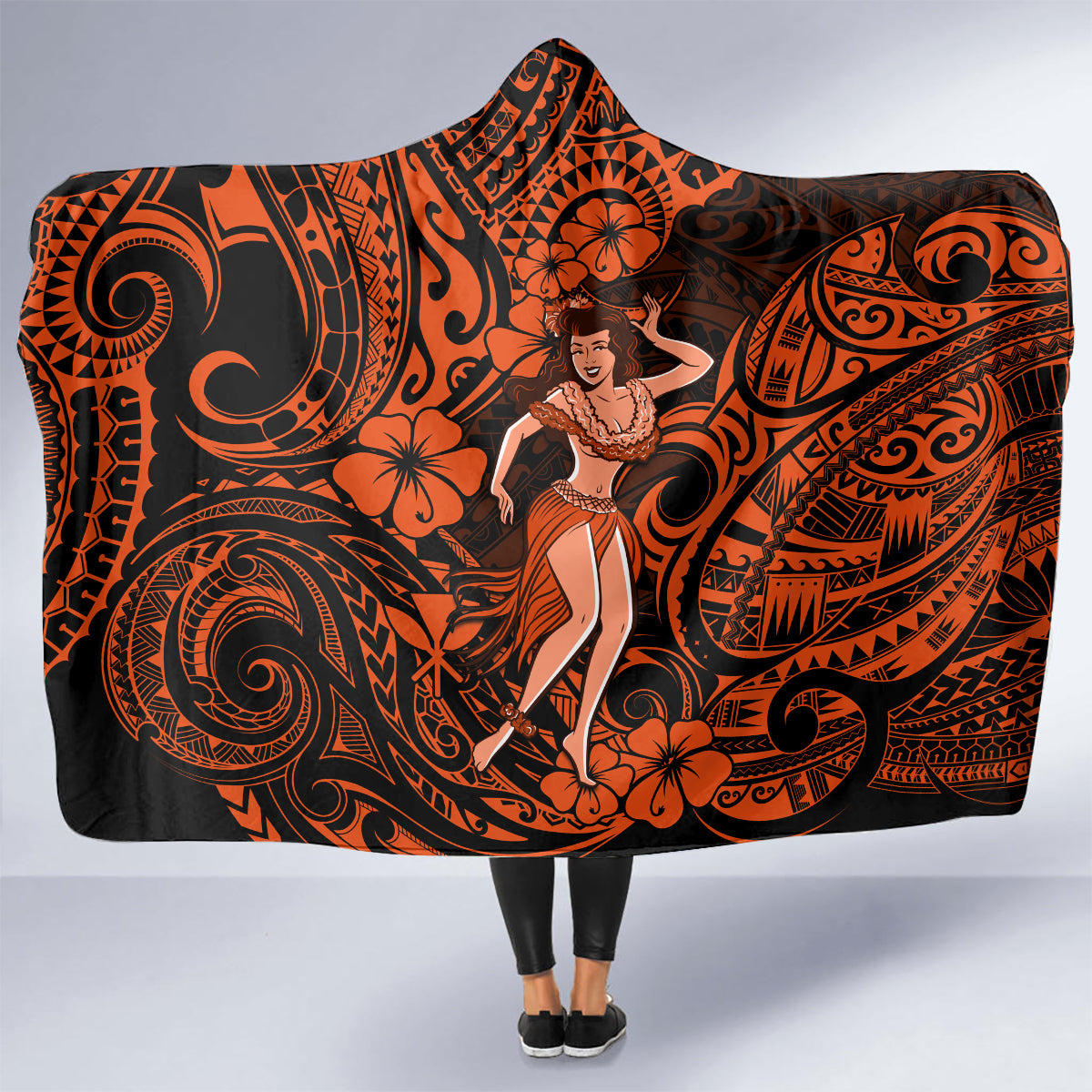 Hawaii Hula Girl Hooded Blanket Polynesian Pattern Orange Version LT01 - Polynesian Pride