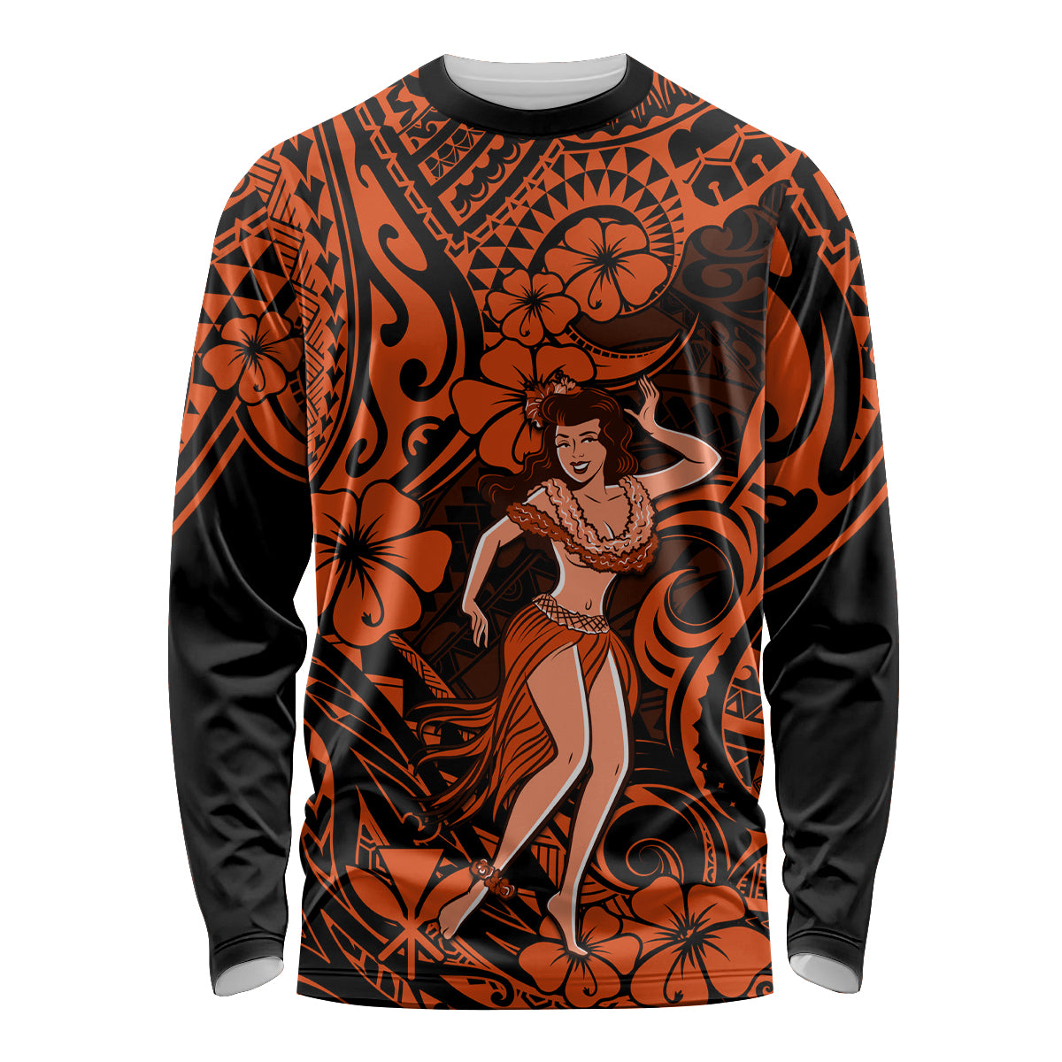 Hawaii Hula Girl Long Sleeve Shirt Polynesian Pattern Orange Version LT01 Unisex Orange - Polynesian Pride