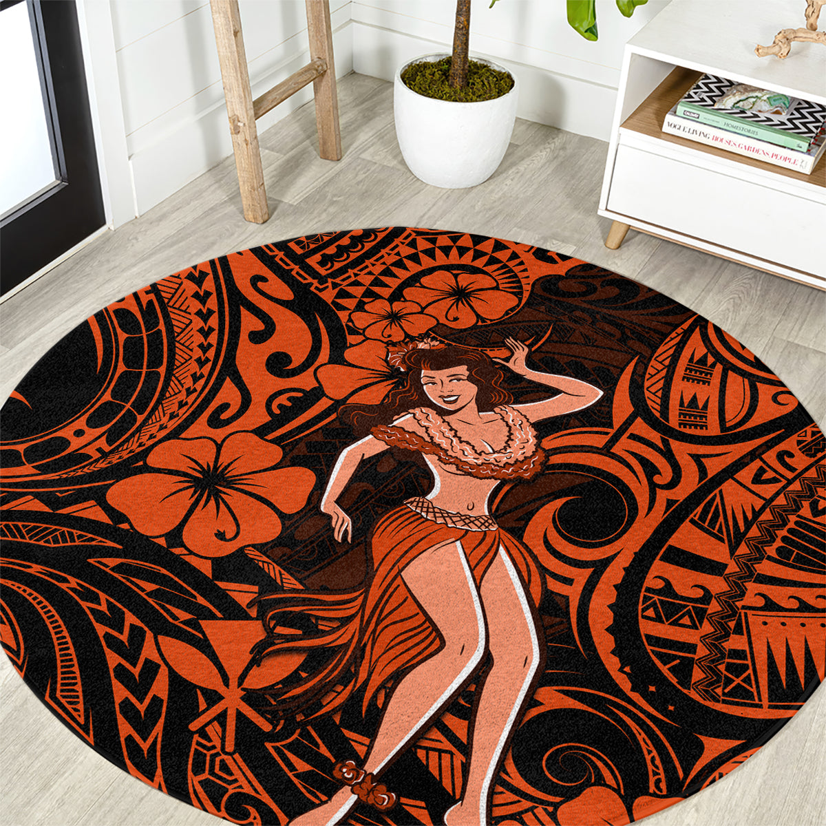 Hawaii Hula Girl Round Carpet Polynesian Pattern Orange Version LT01 Orange - Polynesian Pride