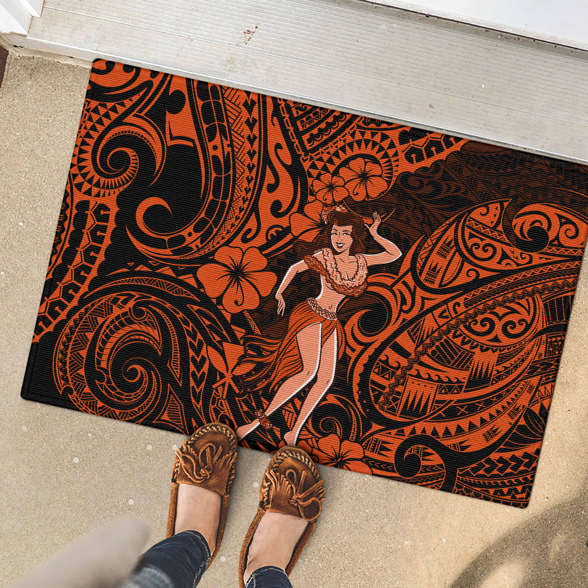 Hawaii Hula Girl Rubber Doormat Polynesian Pattern Orange Version LT01 - Polynesian Pride