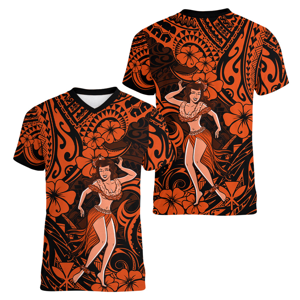 Hawaii Hula Girl Women V Neck T Shirt Polynesian Pattern Orange Version LT01 - Polynesian Pride