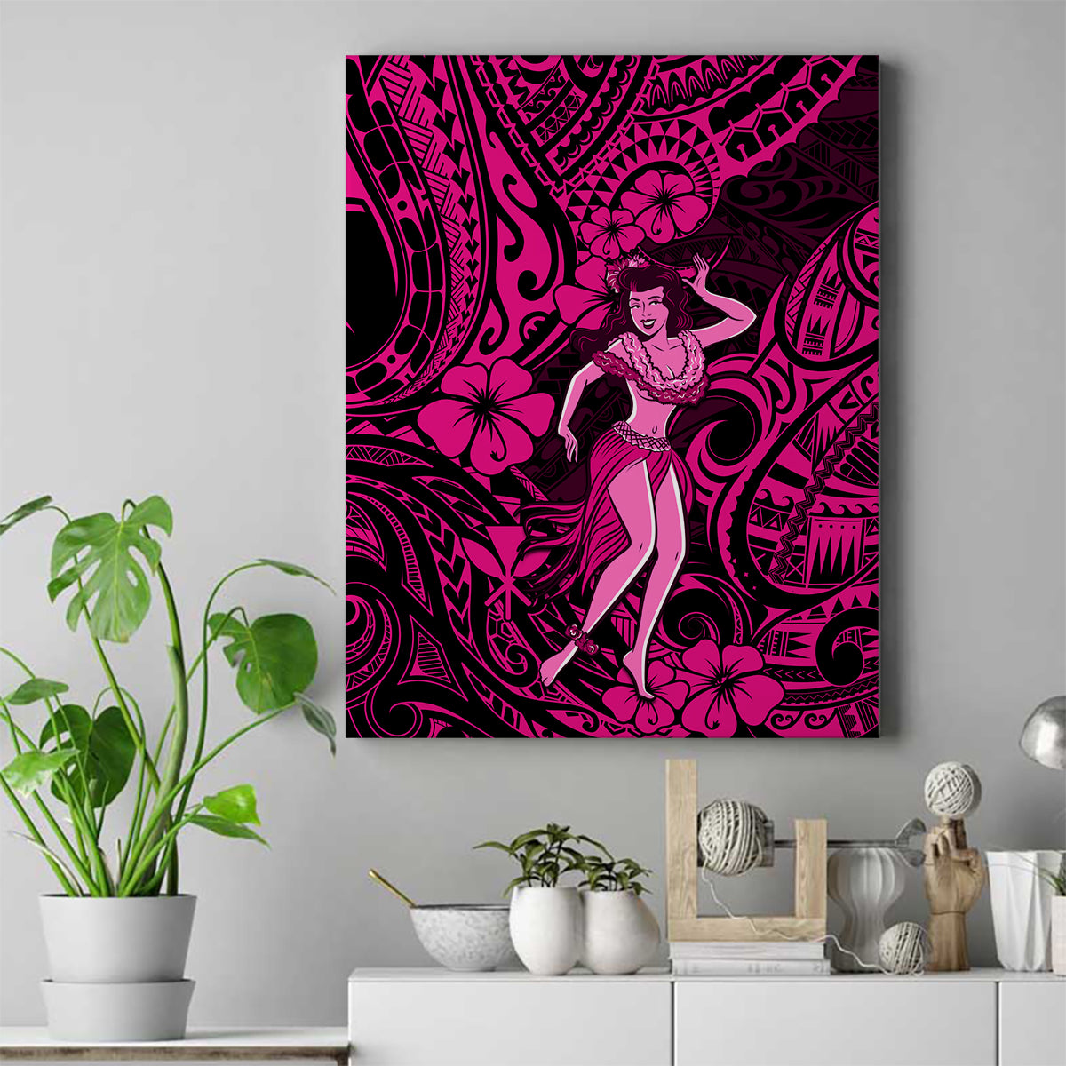 Hawaii Hula Girl Canvas Wall Art Polynesian Pattern Pink Version LT01 Pink - Polynesian Pride