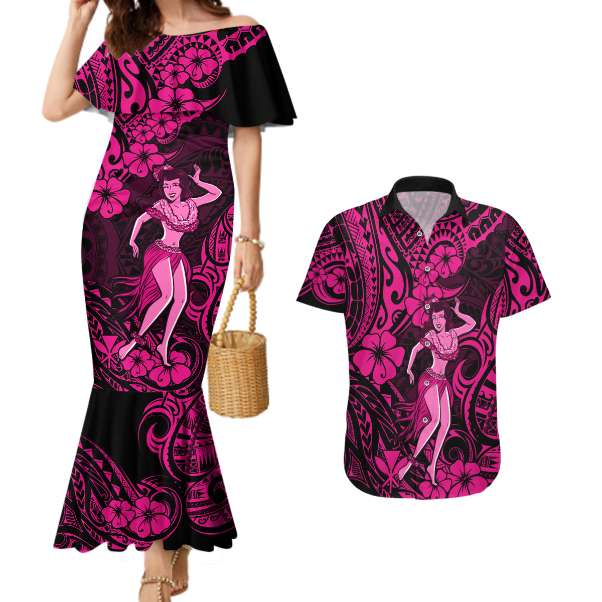 Hawaii Hula Girl Couples Matching Mermaid Dress and Hawaiian Shirt Polynesian Pattern Pink Version LT01 Pink - Polynesian Pride