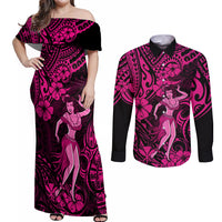 Hawaii Hula Girl Couples Matching Off Shoulder Maxi Dress and Long Sleeve Button Shirts Polynesian Pattern Pink Version LT01 Pink - Polynesian Pride