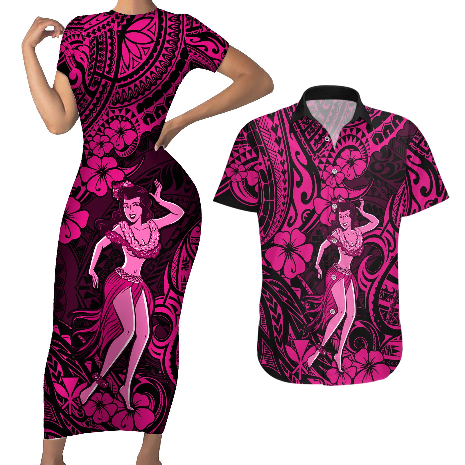 Hawaii Hula Girl Couples Matching Short Sleeve Bodycon Dress and Hawaiian Shirt Polynesian Pattern Pink Version LT01 Pink - Polynesian Pride