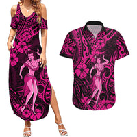 Hawaii Hula Girl Couples Matching Summer Maxi Dress and Hawaiian Shirt Polynesian Pattern Pink Version LT01 Pink - Polynesian Pride