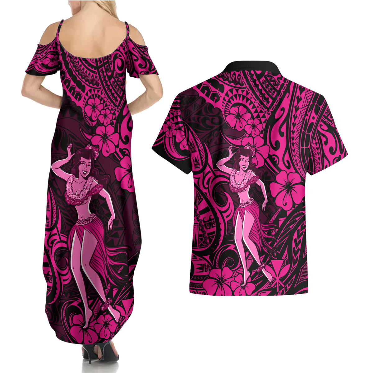 Hawaii Hula Girl Couples Matching Summer Maxi Dress and Hawaiian Shirt Polynesian Pattern Pink Version LT01 - Polynesian Pride
