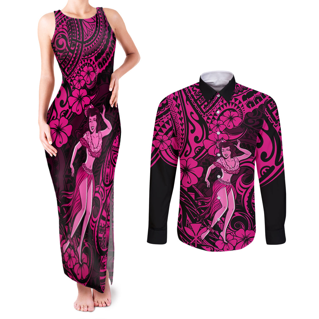 Hawaii Hula Girl Couples Matching Tank Maxi Dress and Long Sleeve Button Shirts Polynesian Pattern Pink Version LT01 Pink - Polynesian Pride