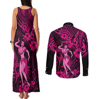 Hawaii Hula Girl Couples Matching Tank Maxi Dress and Long Sleeve Button Shirts Polynesian Pattern Pink Version LT01 - Polynesian Pride