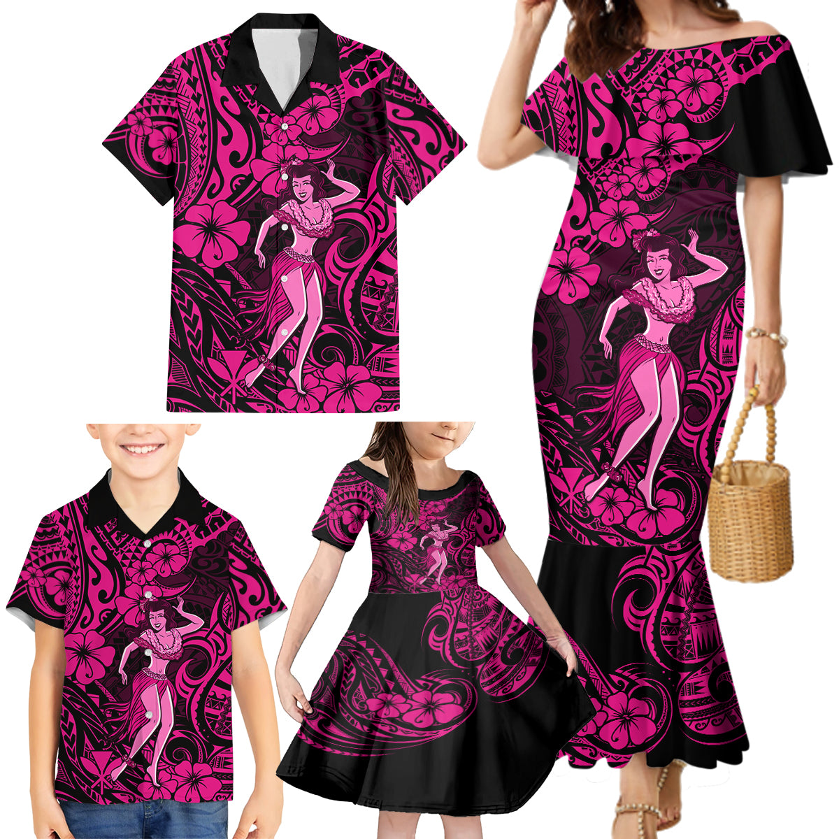 Hawaii Hula Girl Family Matching Mermaid Dress and Hawaiian Shirt Polynesian Pattern Pink Version LT01 - Polynesian Pride