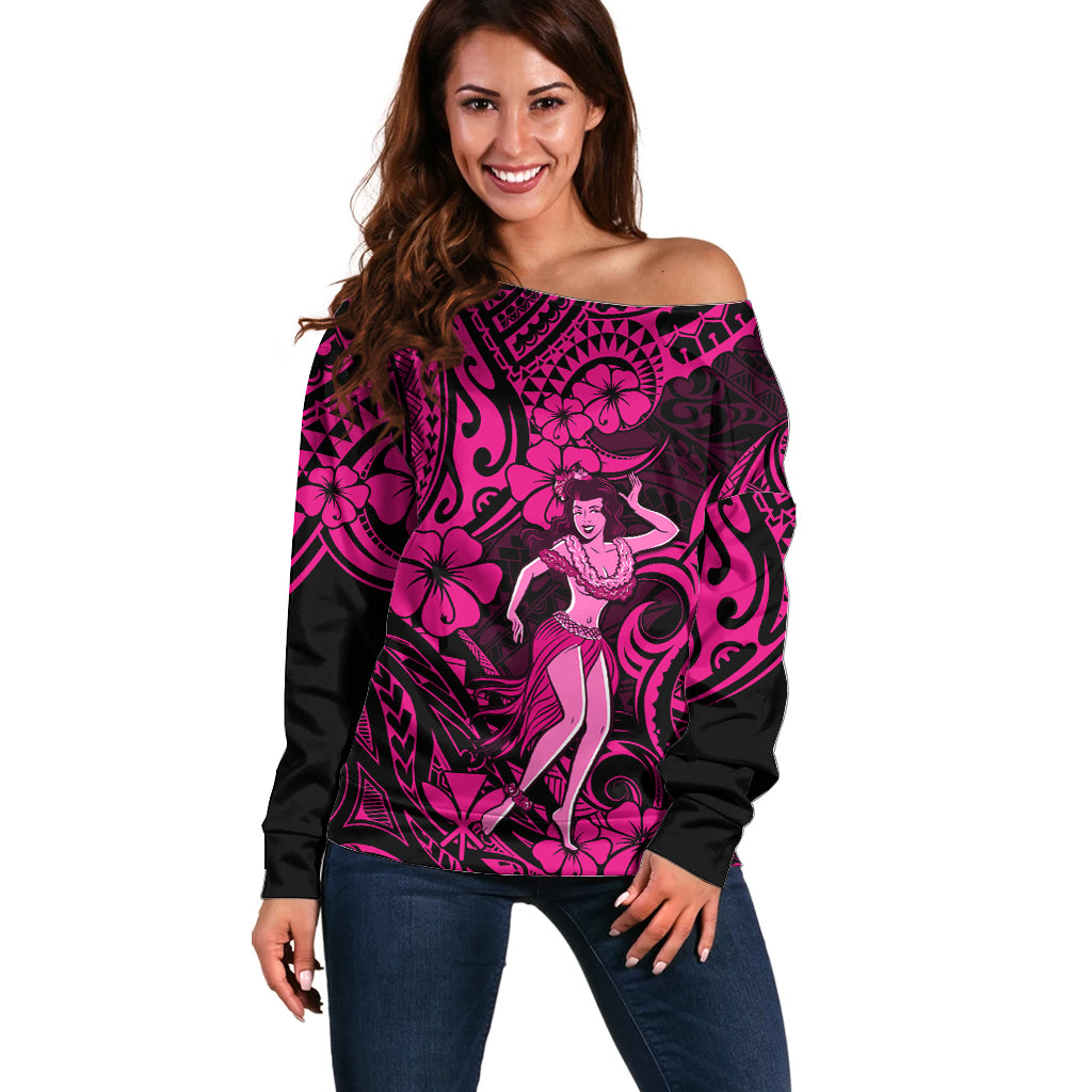 Hawaii Hula Girl Off Shoulder Sweater Polynesian Pattern Pink Version LT01 Women Pink - Polynesian Pride