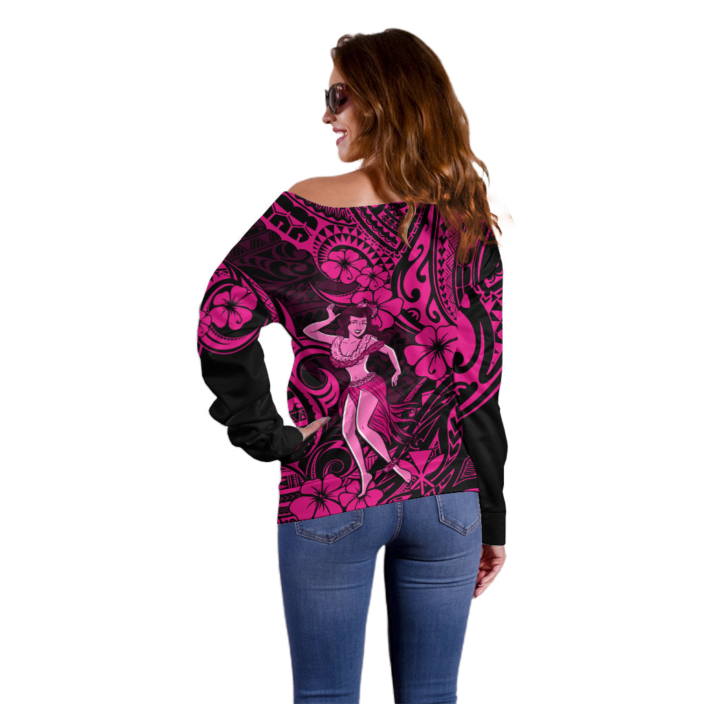 Hawaii Hula Girl Off Shoulder Sweater Polynesian Pattern Pink Version LT01 - Polynesian Pride