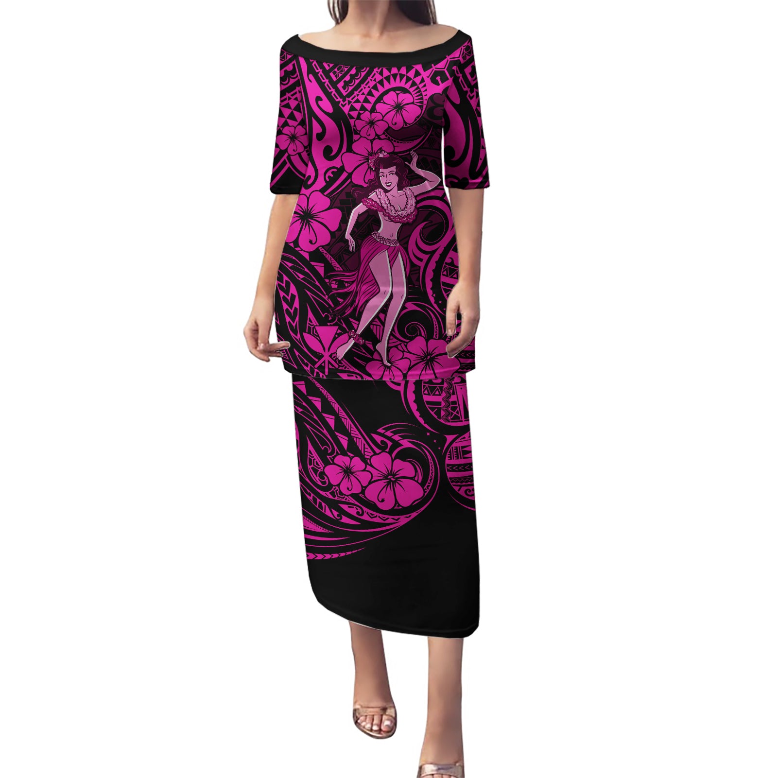 Hawaii Hula Girl Puletasi Polynesian Pattern Pink Version LT01 Long Dress Pink - Polynesian Pride