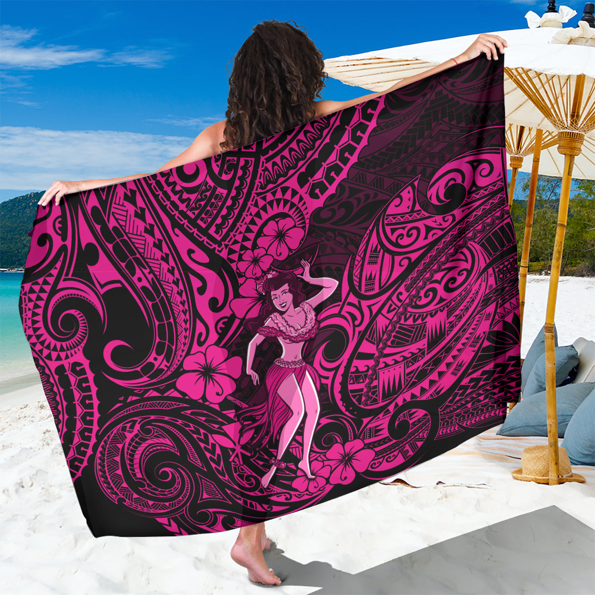 Hawaii Hula Girl Sarong Polynesian Pattern Pink Version LT01 One Size 44 x 66 inches Pink - Polynesian Pride