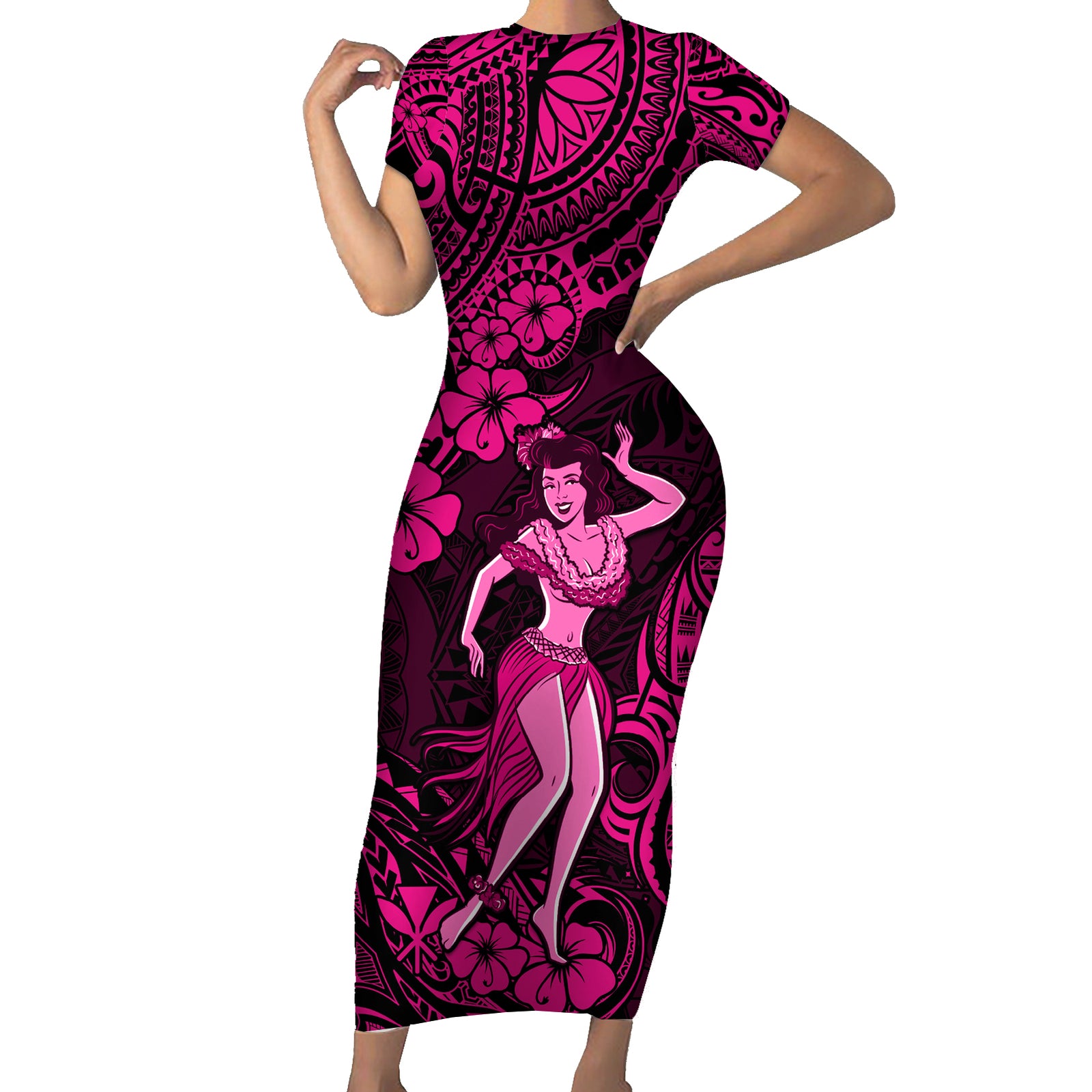 Hawaii Hula Girl Short Sleeve Bodycon Dress Polynesian Pattern Pink Version LT01 Long Dress Pink - Polynesian Pride