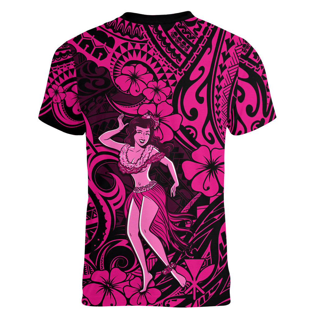 Hawaii Hula Girl Women V Neck T Shirt Polynesian Pattern Pink Version LT01 - Polynesian Pride