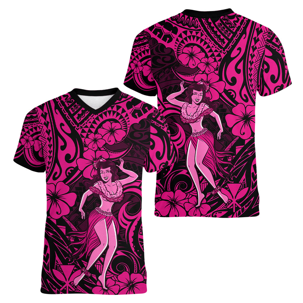 Hawaii Hula Girl Women V Neck T Shirt Polynesian Pattern Pink Version LT01 - Polynesian Pride