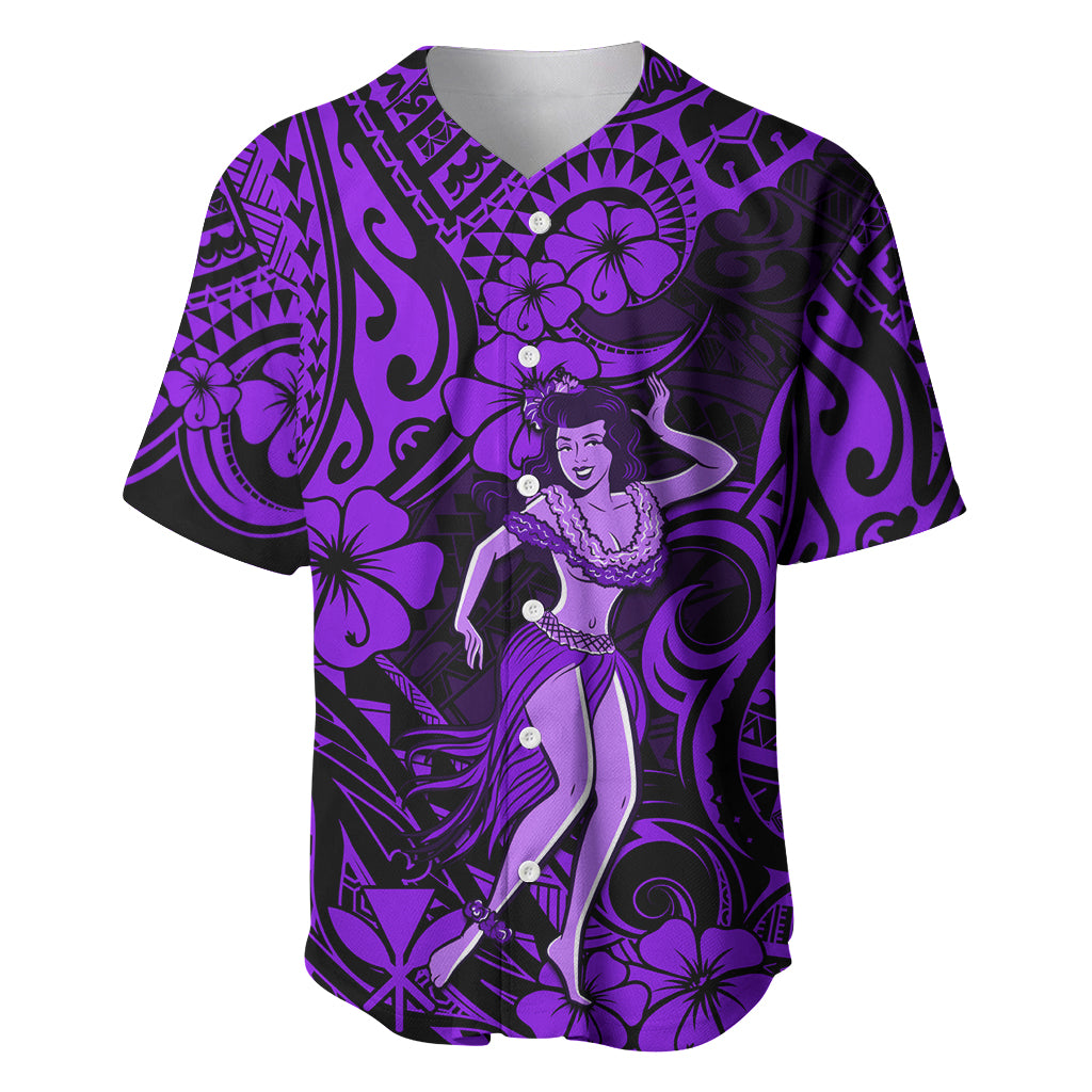 Hawaii Hula Girl Baseball Jersey Hibiscus Hawaii Tribal Tattoo Purple Version LT01 Purple - Polynesian Pride