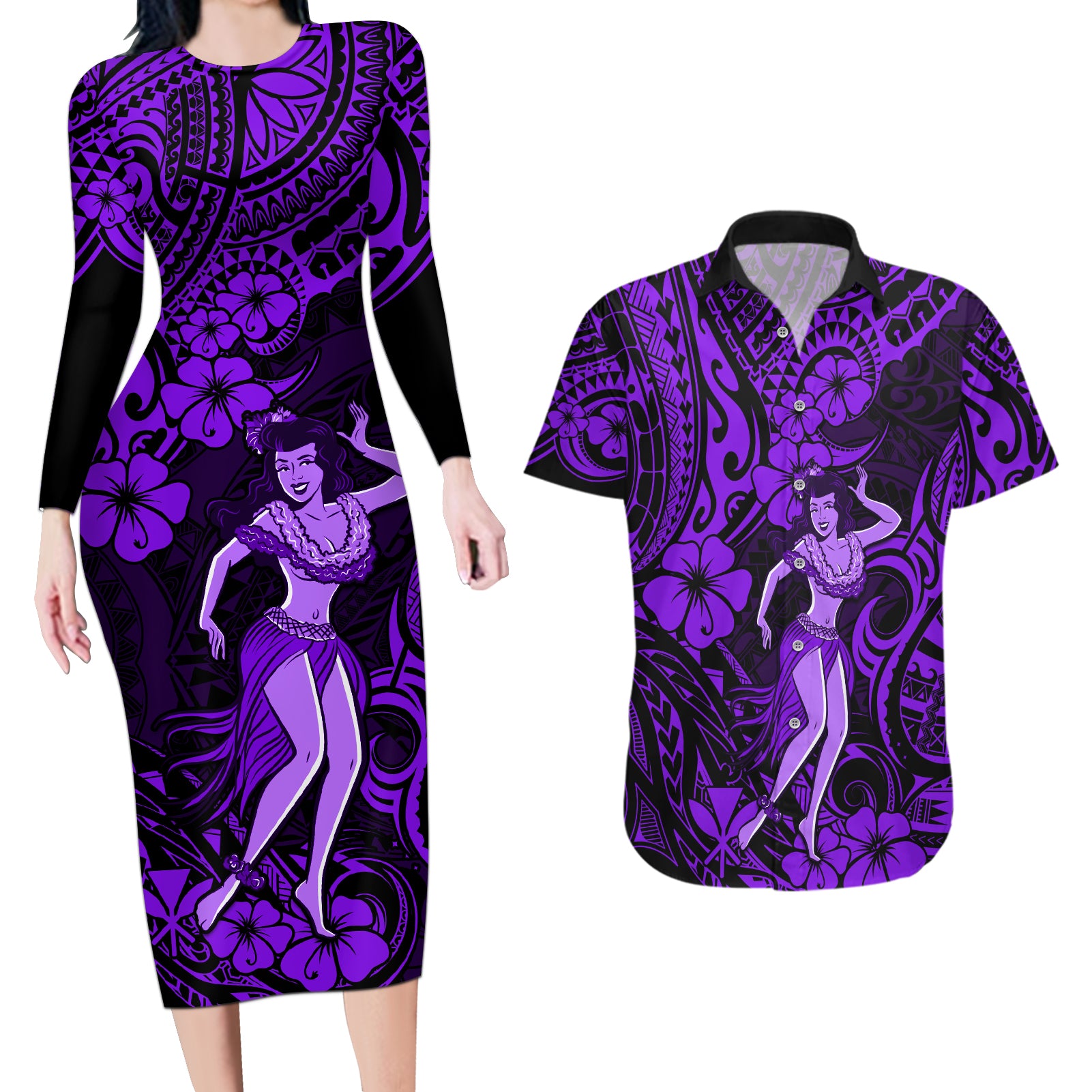 Hawaii Hula Girl Couples Matching Long Sleeve Bodycon Dress and Hawaiian Shirt Hibiscus Hawaii Tribal Tattoo Purple Version LT01 Purple - Polynesian Pride