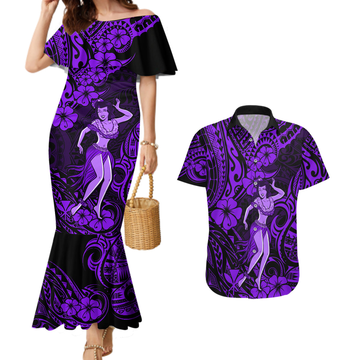 Hawaii Hula Girl Couples Matching Mermaid Dress and Hawaiian Shirt Hibiscus Hawaii Tribal Tattoo Purple Version LT01 Purple - Polynesian Pride