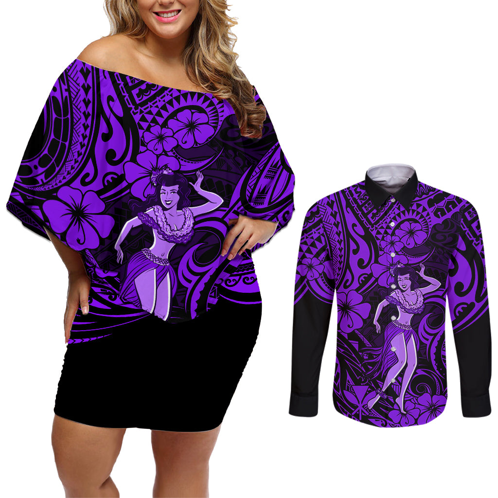 Hawaii Hula Girl Couples Matching Off Shoulder Short Dress and Long Sleeve Button Shirts Hibiscus Hawaii Tribal Tattoo Purple Version LT01 Purple - Polynesian Pride