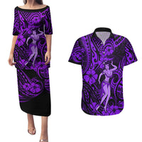 Hawaii Hula Girl Couples Matching Puletasi Dress and Hawaiian Shirt Hibiscus Hawaii Tribal Tattoo Purple Version LT01 Purple - Polynesian Pride