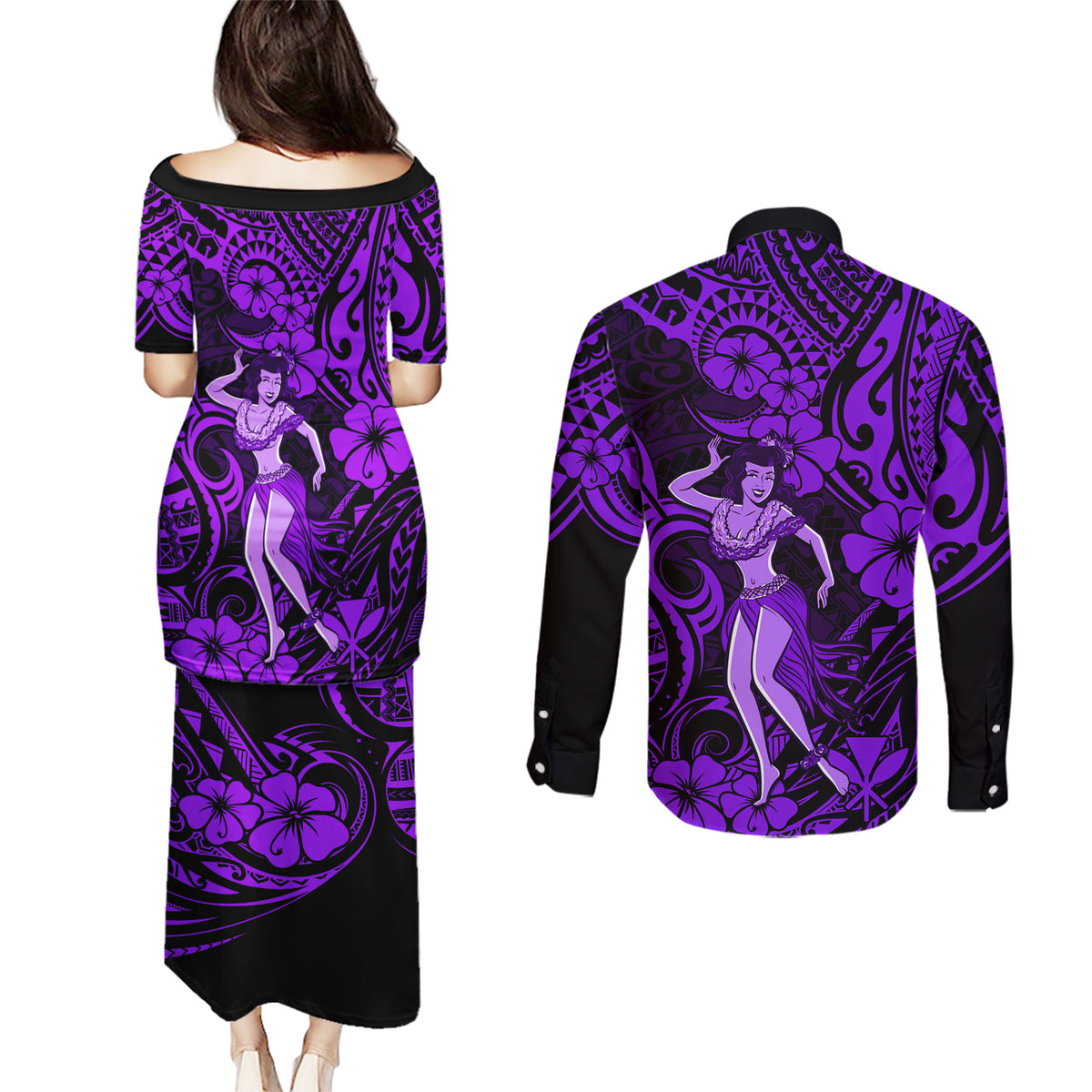 Hawaii Hula Girl Couples Matching Puletasi Dress and Long Sleeve Button Shirts Hibiscus Hawaii Tribal Tattoo Purple Version LT01 - Polynesian Pride
