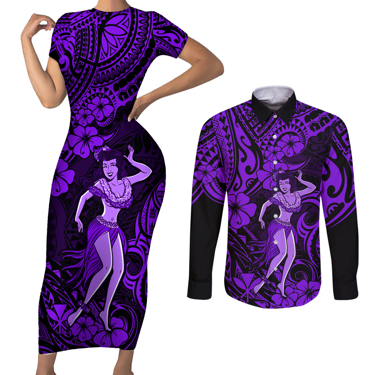 Hawaii Hula Girl Couples Matching Short Sleeve Bodycon Dress and Long Sleeve Button Shirts Hibiscus Hawaii Tribal Tattoo Purple Version LT01 Purple - Polynesian Pride