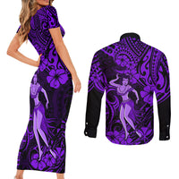 Hawaii Hula Girl Couples Matching Short Sleeve Bodycon Dress and Long Sleeve Button Shirts Hibiscus Hawaii Tribal Tattoo Purple Version LT01 - Polynesian Pride
