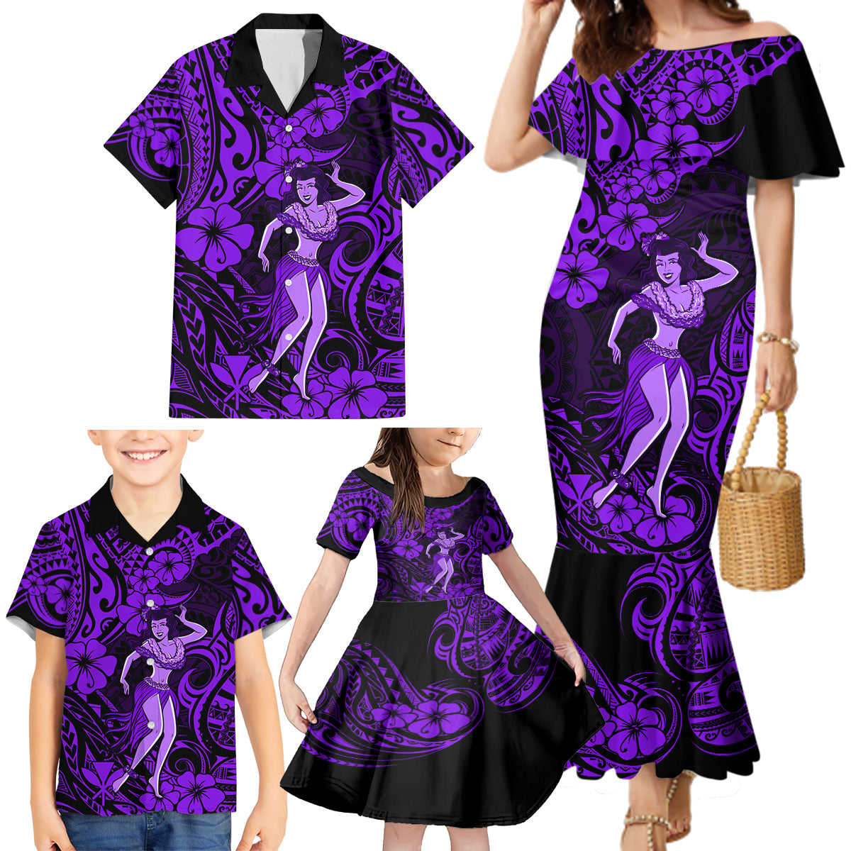 Hawaii Hula Girl Family Matching Mermaid Dress and Hawaiian Shirt Hibiscus Hawaii Tribal Tattoo Purple Version LT01 - Polynesian Pride